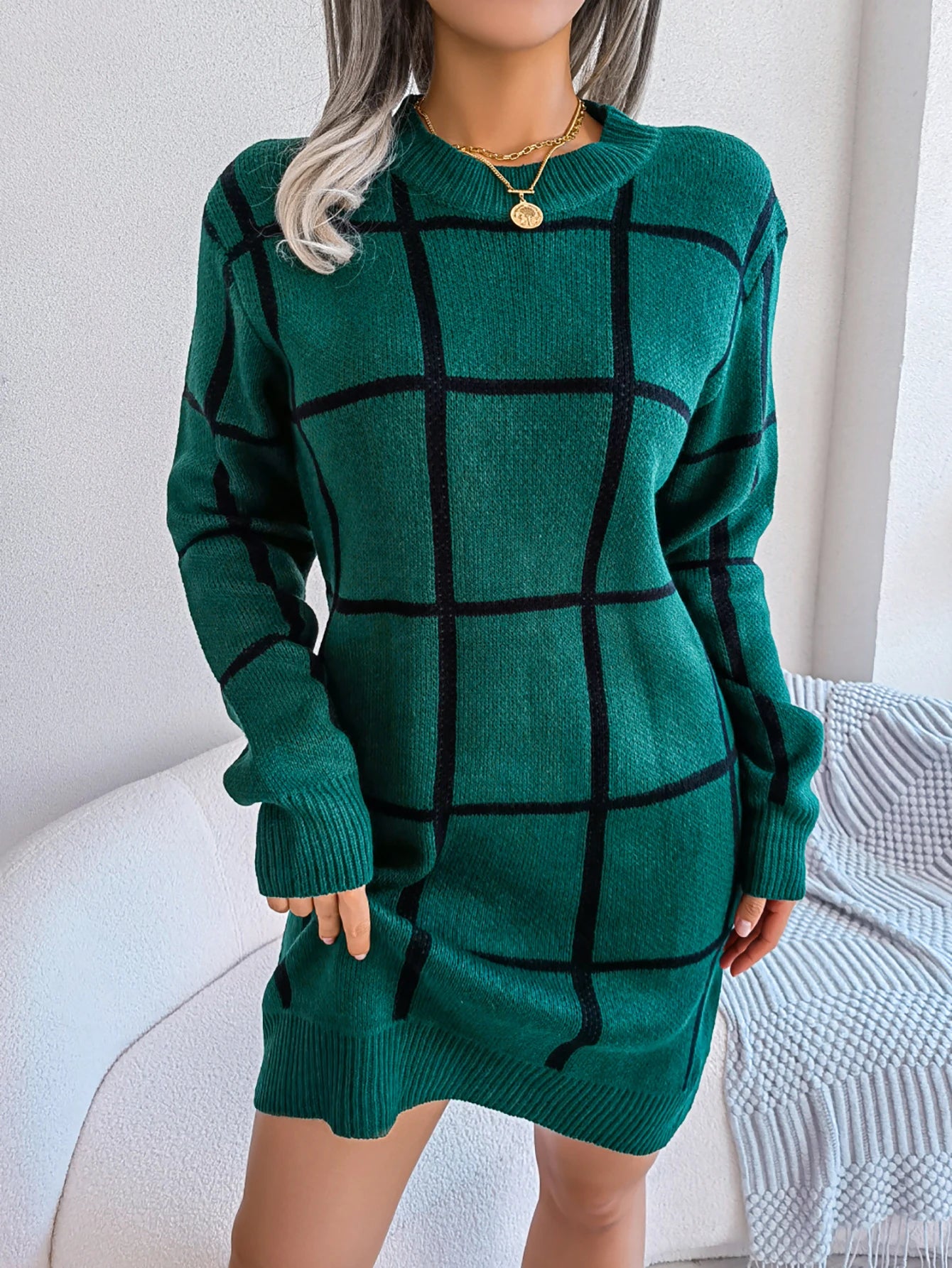 Women Casual Plaid Long Sleeve Knitted Sweater Dress Autumn Winter Clothes Without The Belt