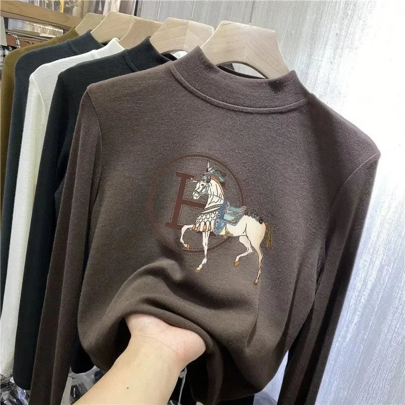 Fleece Half Polo/turtle Neck Base Layer Top Women's Clothing Autumn/winter Style Thickened Warm Sleeves T-shirt Inner Top