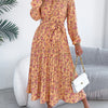 Floral Stand Up Collar Bridesmaid Dress Spring Summer Casual Elegant Long Sleeve Waist Cinched Pleated Long Dresses for Women