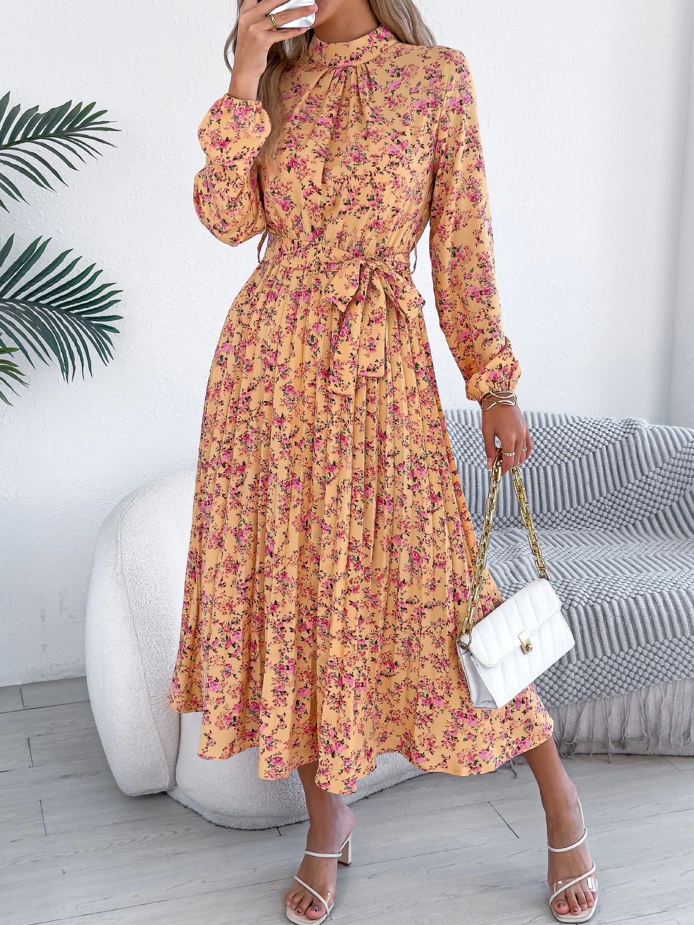 Floral Stand Up Collar Bridesmaid Dress Spring Summer Casual Elegant Long Sleeve Waist Cinched Pleated Long Dresses for Women