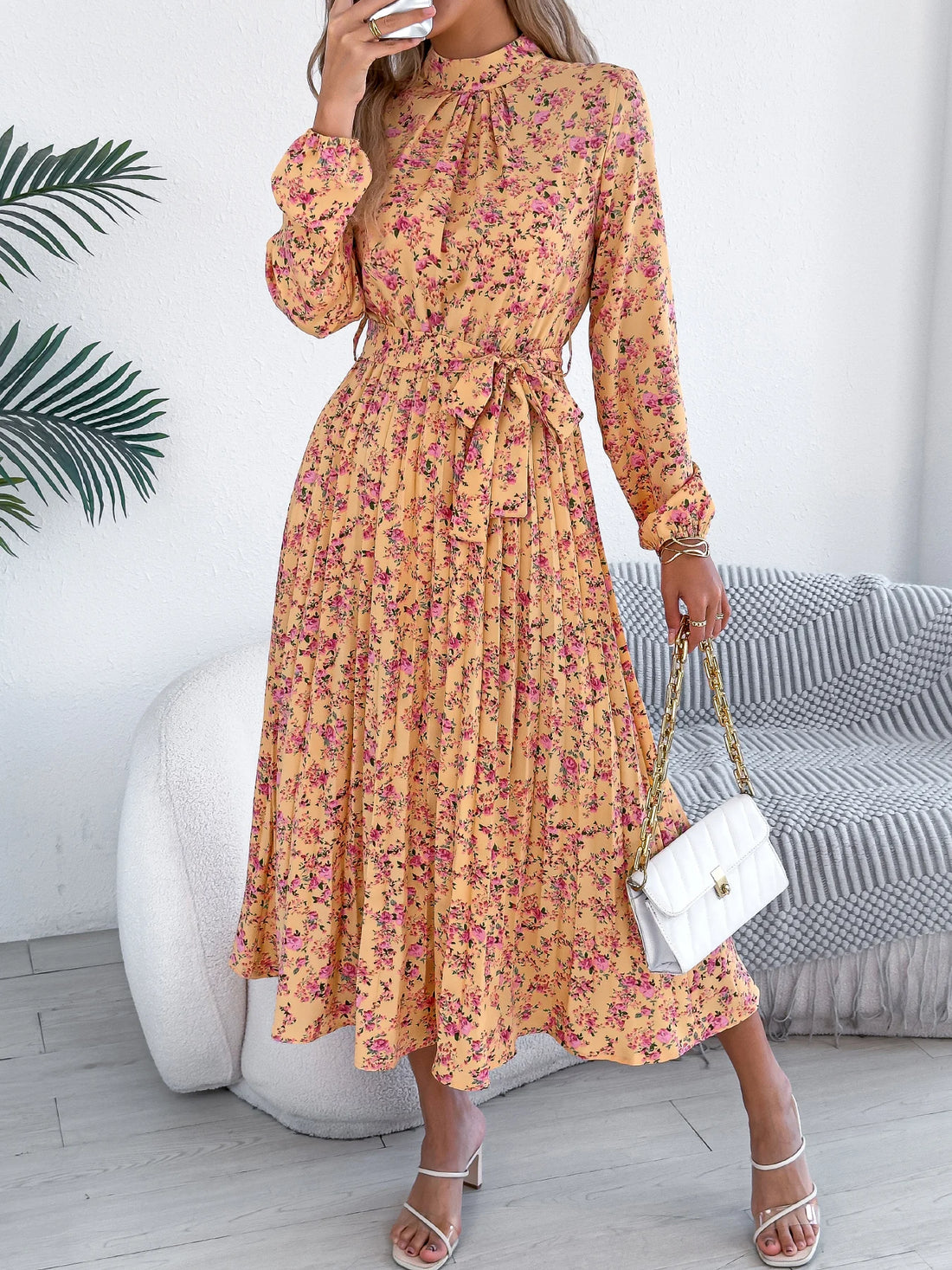 Floral Stand Up Collar Bridesmaid Dress Spring Summer Casual Elegant Long Sleeve Waist Cinched Pleated Long Dresses for Women