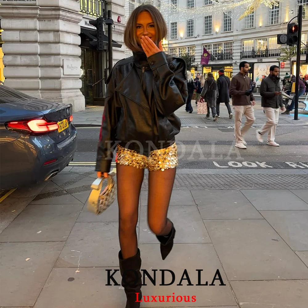 Casual Chic Black Leather Jackets Women Long Sleeve Buttons Elastic Oversized Coats Fashion Fall Street wear Coats