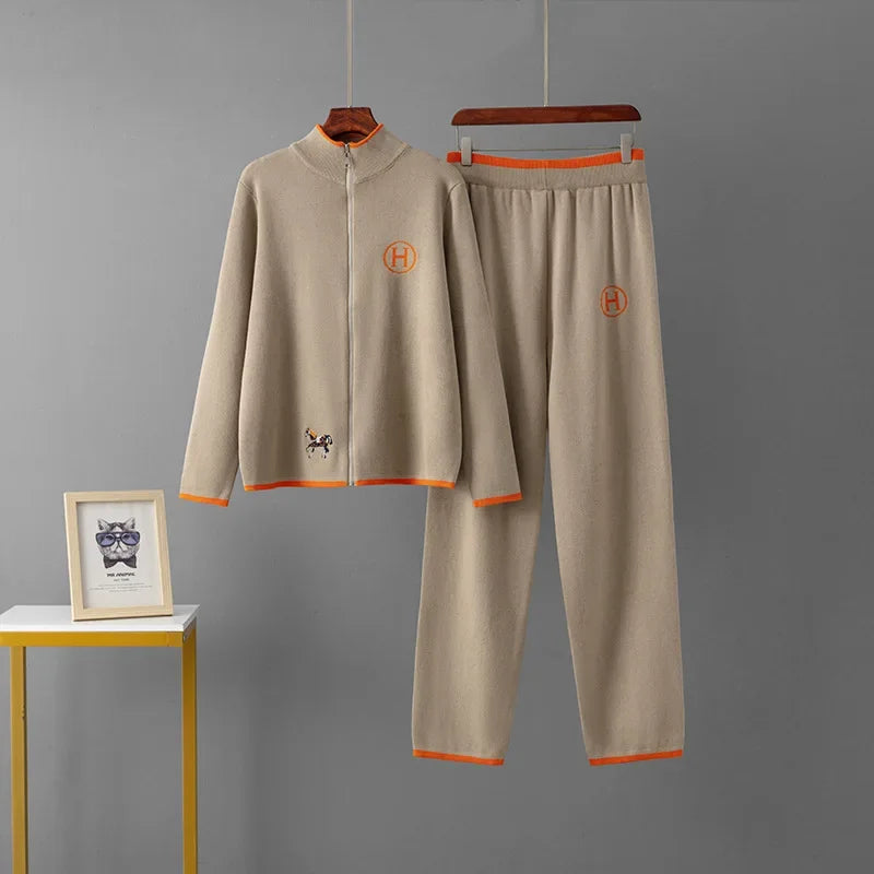 Creative Cross-Border New Product Long Sleeve Knitted Outerwear And Casual Knitted Long Pants Two-Piece Set Embroidered Horse Sp