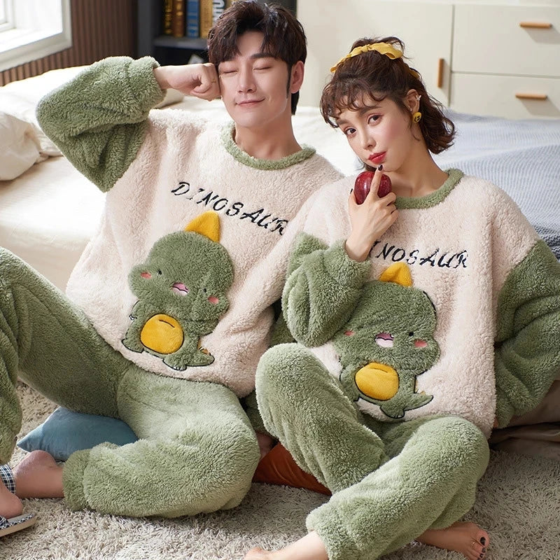 Couples Pajamas Women Men Winter Thicken Pyjamas Sleepwear Cartoon Dinosaur Korean Lovers Homewear Soft Warm Hoodies Pijama