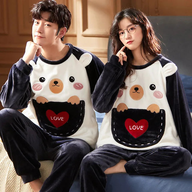 Couples Pajamas Women Men Winter Thicken Pyjamas Sleepwear Cartoon Dinosaur Korean Lovers Homewear Soft Warm Hoodies Pijama