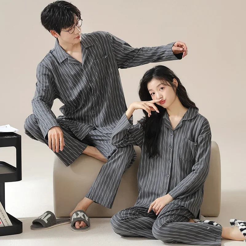 Cotton Couple Pajamas Women Autumn Long sleeve Trouser 2024 New Cardigan Home Wear Men's Suit Outer Wear pijma hombre Dropship