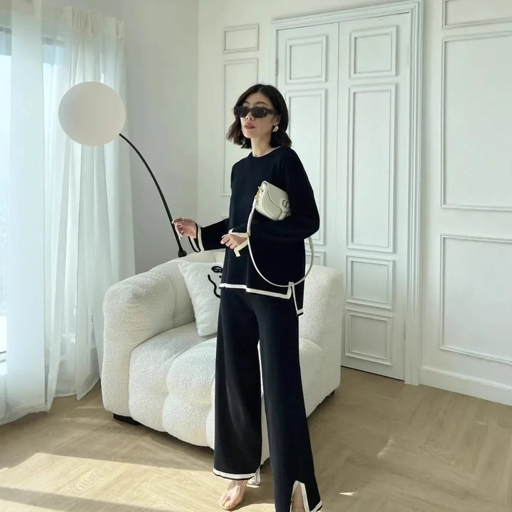 Autumn Collection Elegant Color Blocking Side Slit Long Sleeve Knitted Top High-Waisted Slimming Bell Bottom Trousers Two-P
