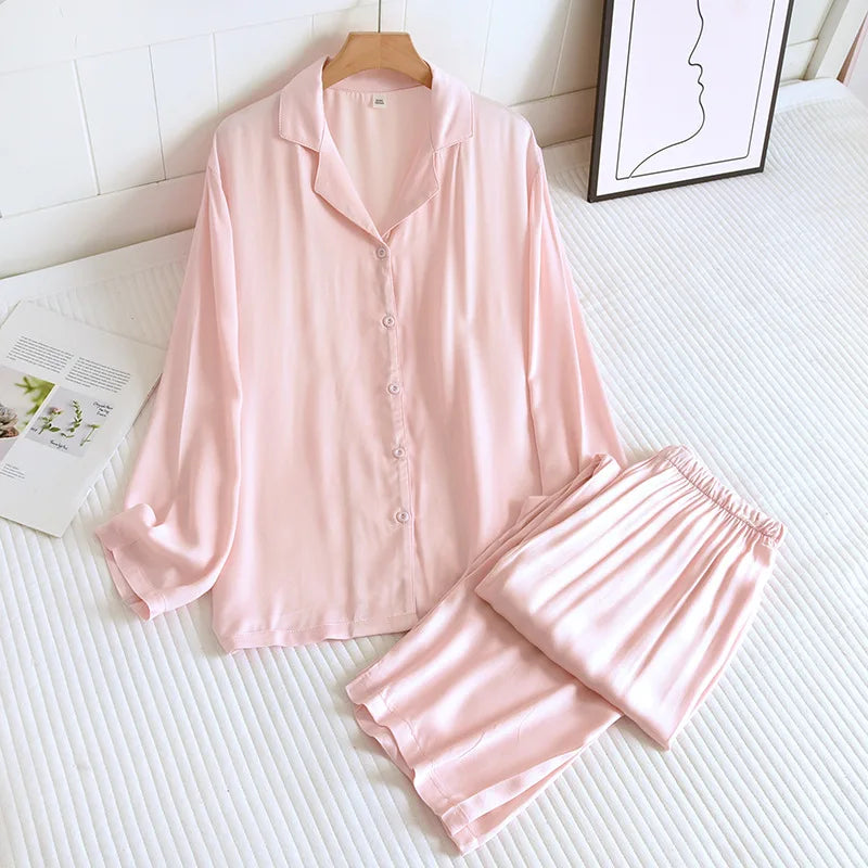 Men and Women's Cotton Silk Pajamas, Thin Satin Home Clothing, Long Sleeved Pants, Spring Pajama Sets, Pure Color, Couple, 2 Pcs
