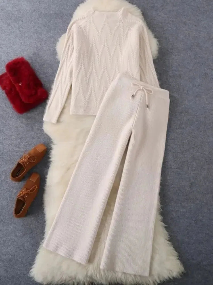 Fall Winter Knitted 2 Piece Sets Half Turtleneck Soft Sweater Outfit  Casual Wide Leg Pant Suits Korean Solid Warm Tracksuit New