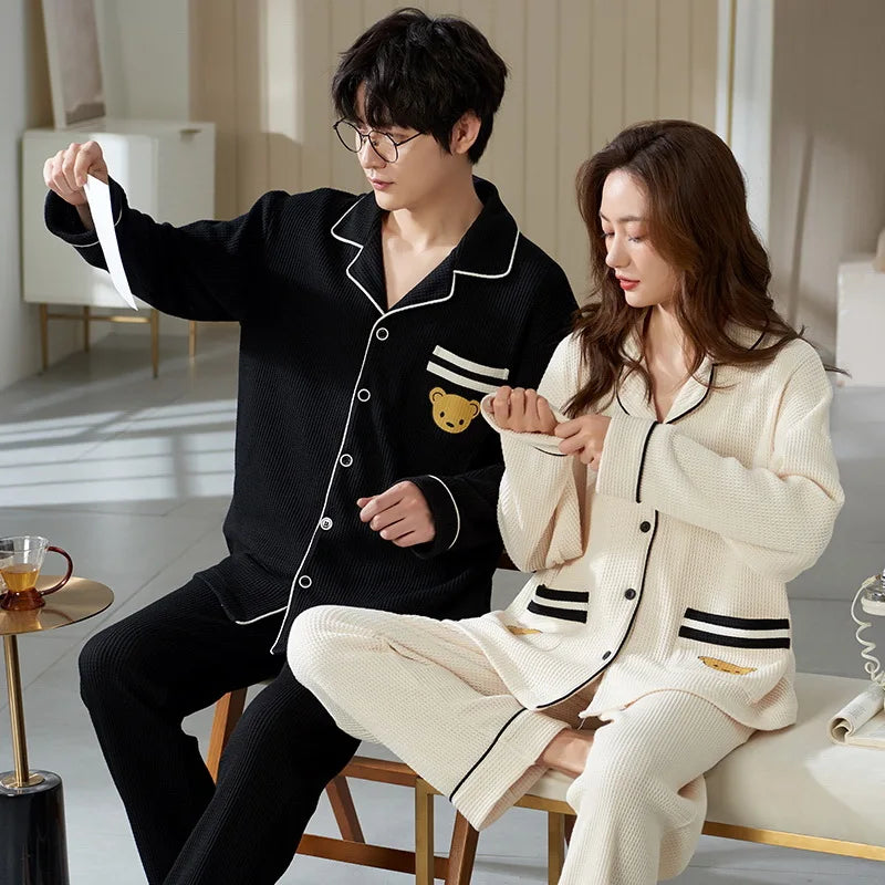 Cotton Couple Pajamas Women Autumn Long sleeve Trouser 2024 New Cardigan Home Wear Men's Suit Outer Wear pijma hombre Dropship