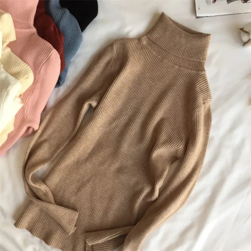 Thick Sweater Women Knitted Ribbed Pullover Sweater Long Sleeve Turtleneck Slim Jumper Soft Warm