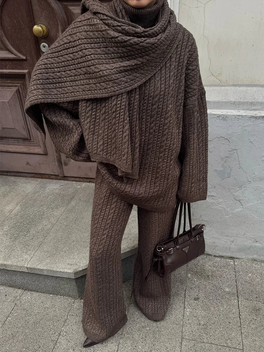 Blubelle Women's New Autumn Winter Fashion Cable Knit Sweater Wide Leg Pants Set Soft Wool Blend High Neck Pullover Loose Fit