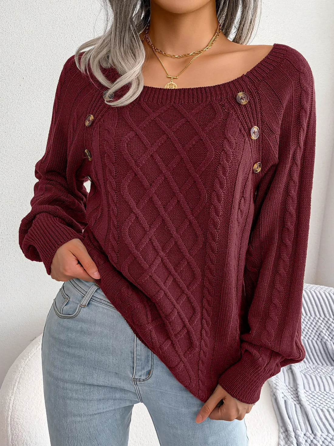 Women Casual Square Collar Buttons Long Sleeve Knitted Pullover Sweaters for Autumn Winter
