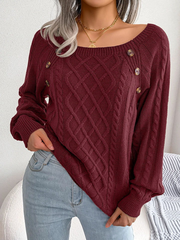 Women Casual Square Collar Buttons Long Sleeve Knitted Pullover Sweaters for Autumn Winter
