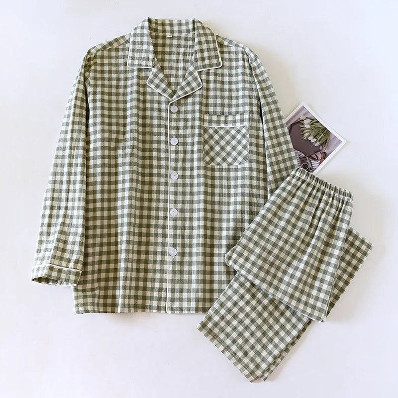 2026 New Japanese Spring and Autumn Couple Pajama Set 100% Cotton Men's and Women's Plaid Long Sleeve Two Piece Home Furnishing
