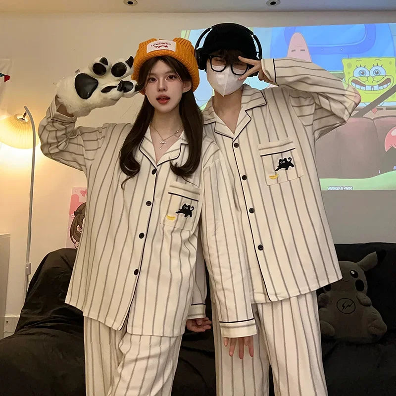 2 Sets of Couple Models Korean Ins Peter Rabbit Couple Pajamas Female Cotton Long-sleeved Men's Striped Two-piece Homewear