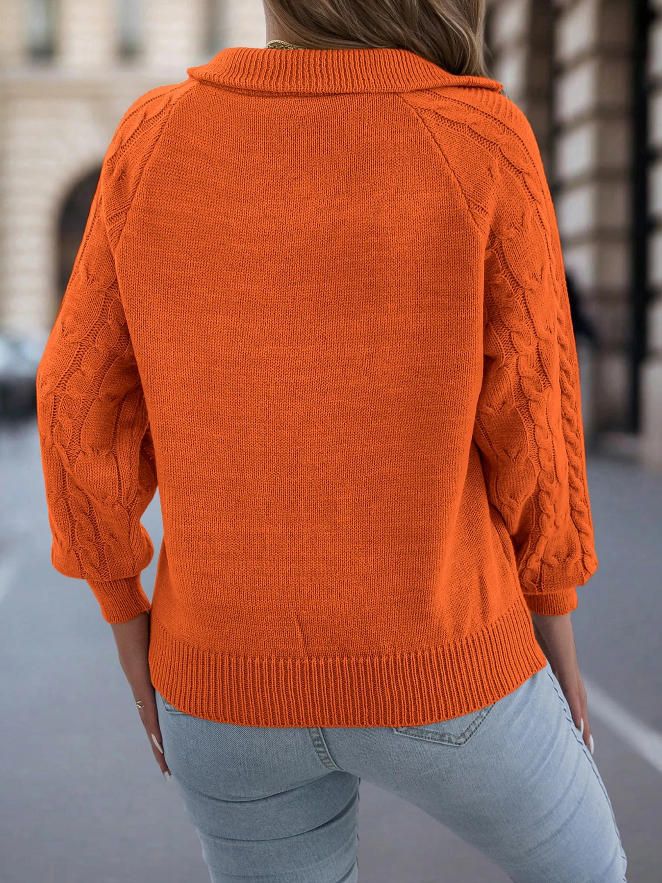 Women's Casual Turn Down Collar Half Zipper Sweaters Autumn Winter Lantern Long Sleeve Twist Knitted Tops Orange Khaki Red