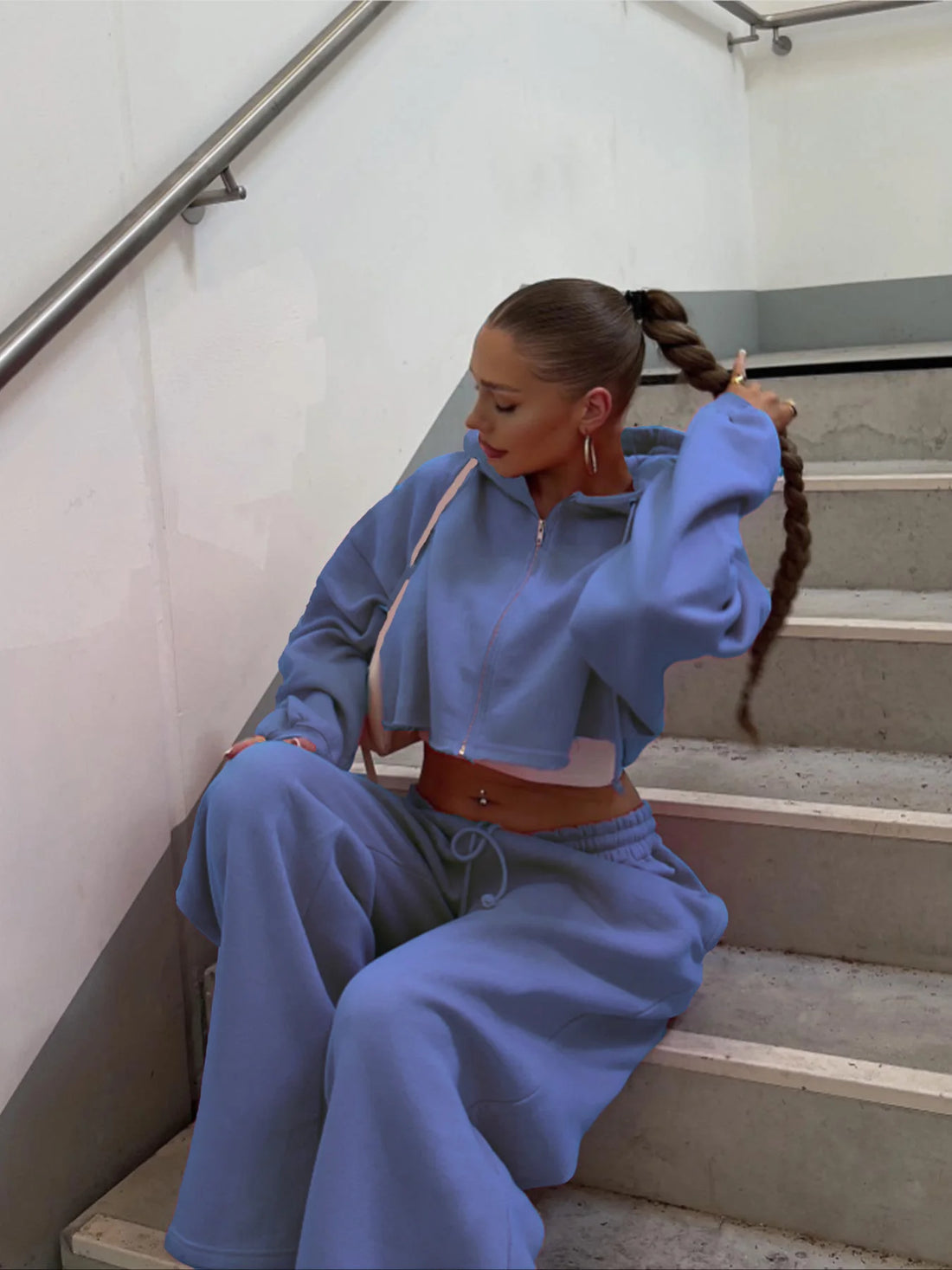 Women Hooded Zip-up Cropped Sweatshirt and Long Pants 2 Piece Sets Autumn Casual Hoodies Sweatpants Suit Tracksuits