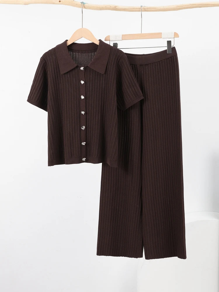 Knitted Pants Set Women Solid Turn Down Collar Half Sleeve Tops Elastic Waist Straight Trousers Spring Chic Lady Outfits