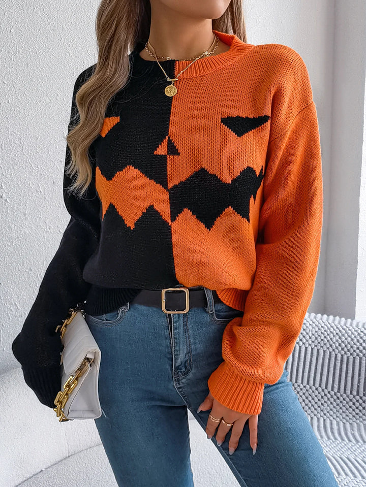 Halloween Women's Contrast Color Pumpkin Pattern Sweaters 2025 Autumn Winter Casual Round Neck Long Sleeve Knitted Pullover