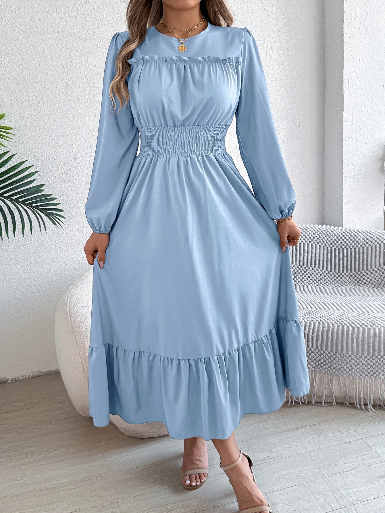 Autumn and Winter Casual Elegant Solid Color Round Neck Long Sleeved Waist Cinched Lotus Leaf Edge Dress Women Clothing