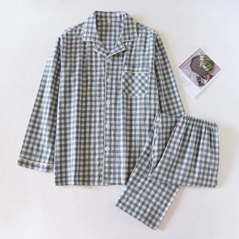 2026 New Japanese Spring and Autumn Couple Pajama Set 100% Cotton Men's and Women's Plaid Long Sleeve Two Piece Home Furnishing