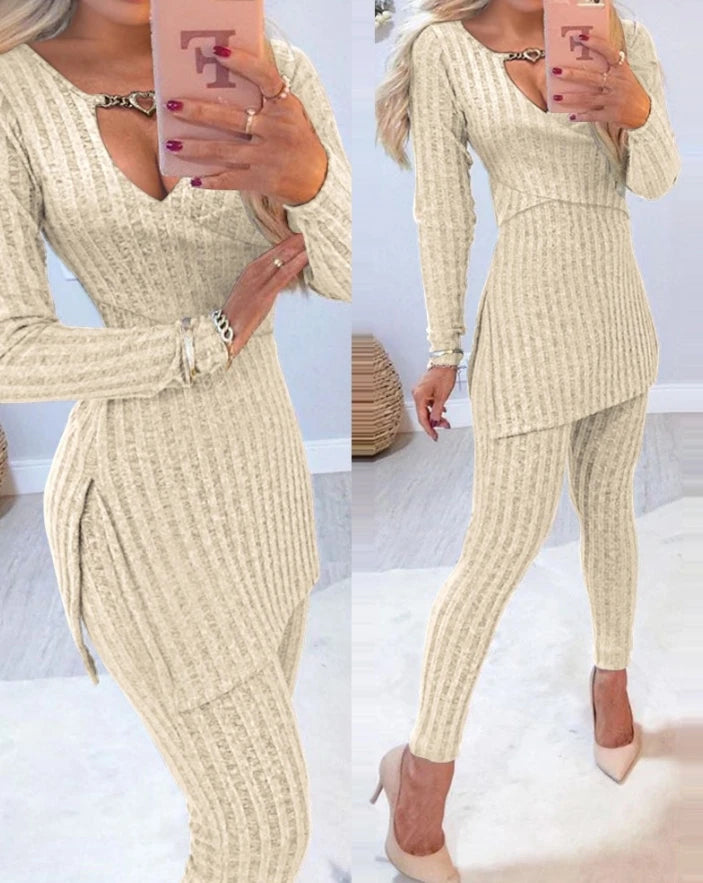 Fall Winter Knitted 2 Piece Suits Women Long Sleeve Ribbed Slit Long Top and High Waist Pencil Pants Set Fashion Outfit