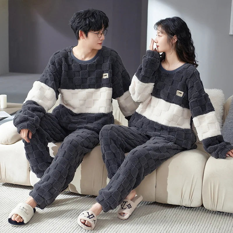 Thickened Warm Winter Couples Flannel Pajamas for Men and Women Cartoon Bear Sleepwear Loungewear Ladies Nightwear Homewear