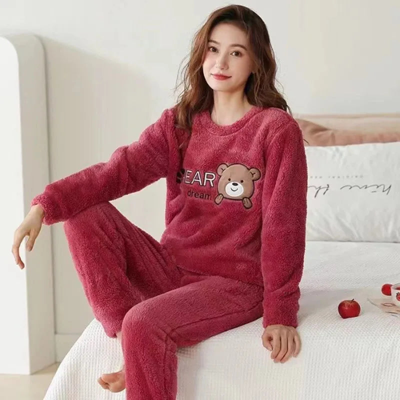 Thickened Warm Winter Flannel Ladies Pajamas Top and Pants Padded Nightwear Homewear Cartoon Bear Women's Sleepwear Loungewear