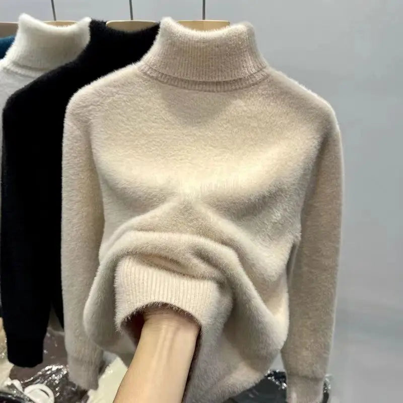 Women's Turtleneck Sweater Faux Mink Top for Women Solid Plush Thickened Warm Bottoming Shirts Basic Knitwear Thermal Pullovers