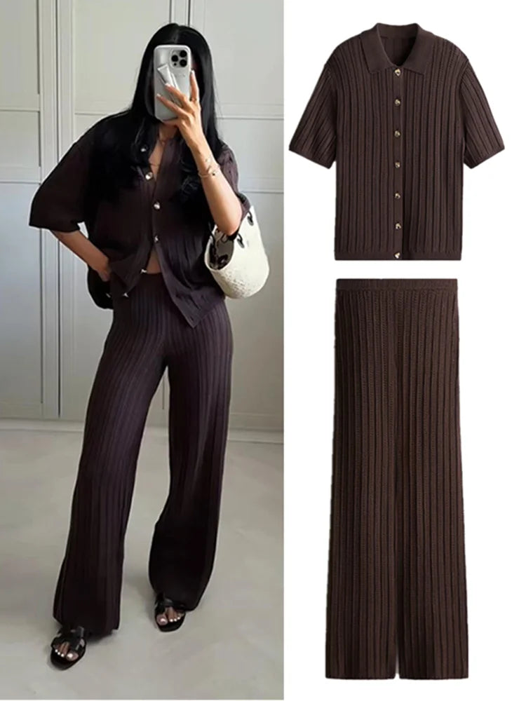Knitted Pants Set Women Solid Turn Down Collar Half Sleeve Tops Elastic Waist Straight Trousers Spring Chic Lady Outfits