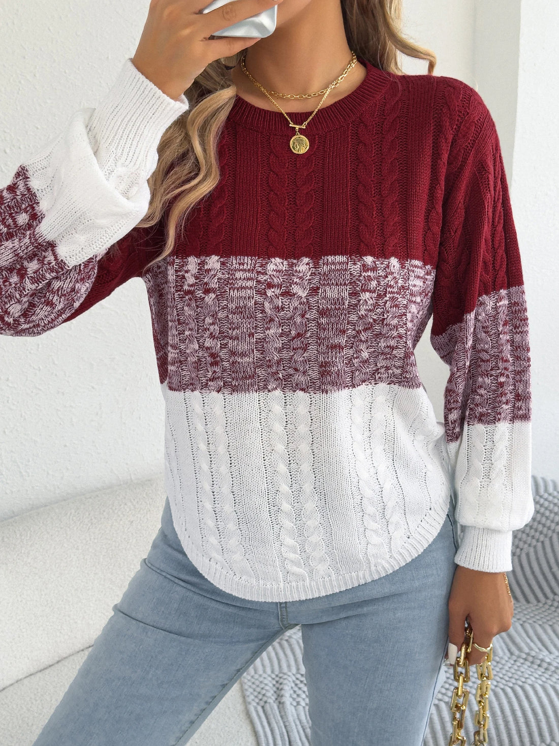 Woman Casual Color Block Striped Sweater Round Neck Lantern Long Sleeve Twist Knitted Tops for 2025 Autumn Winter Women Clothes