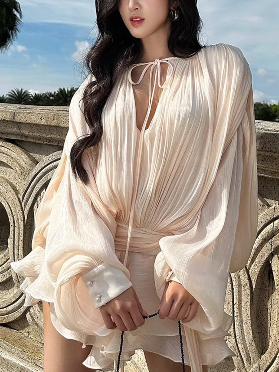 GALCAUR Solid Loose Splicd Lace Up Dresses For Women V Neck Long Sleeves Patchwork Ruffles Tunic Dreses Female Fashio New