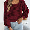 Women's Contrast Color Plaid Striped Sweaters 2025 Autumn Winter Casual Square Neck Lantern Long Sleeve Knitted Tops Orange Red
