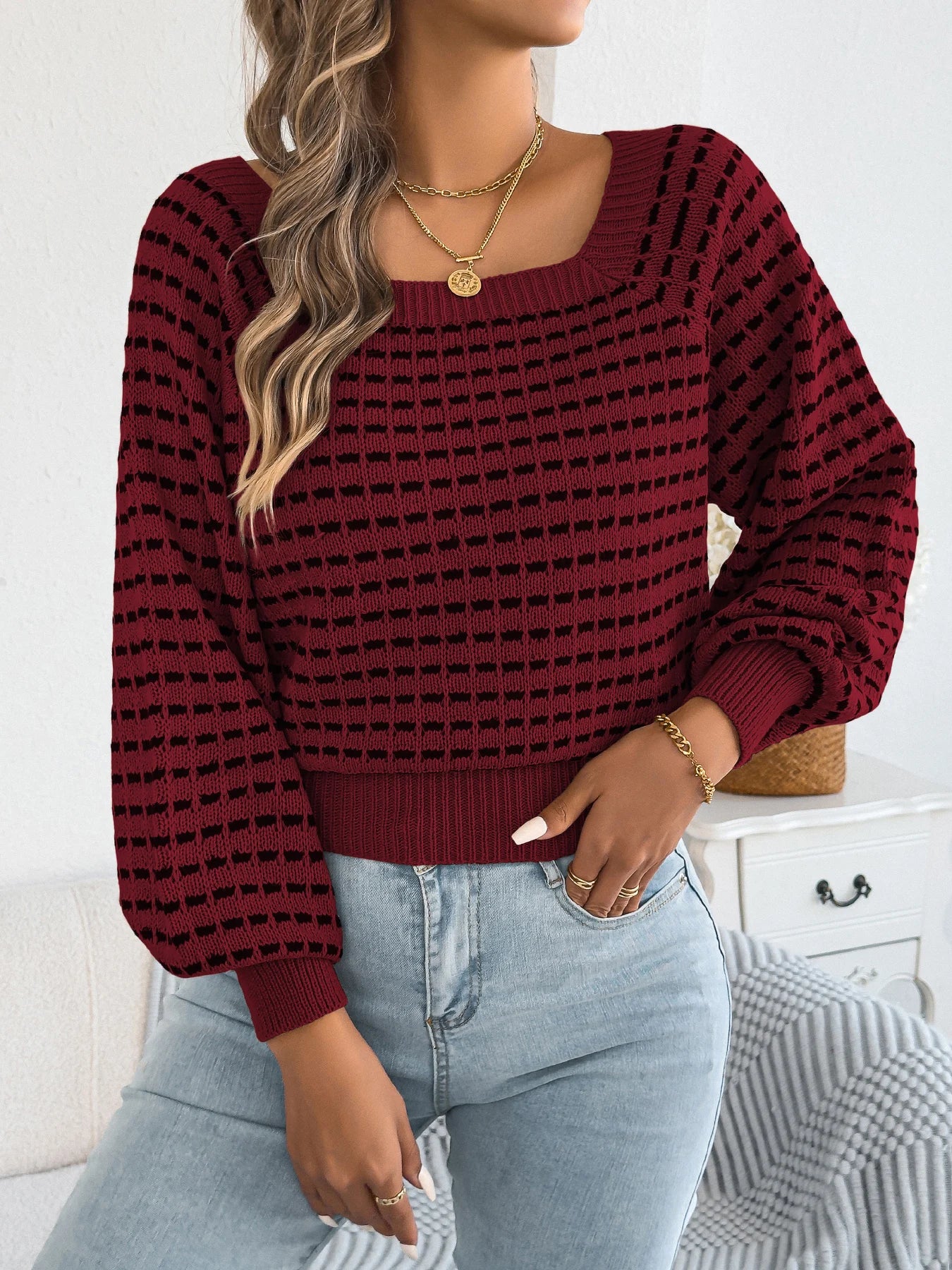 Women's Contrast Color Plaid Striped Sweaters 2025 Autumn Winter Casual Square Neck Lantern Long Sleeve Knitted Tops Orange Red