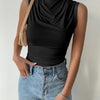 Women's Casual Pleated Design Top Summer Fashion Street Style Solid Color Slim Half High Neck Sleeveless T-Shirt Top