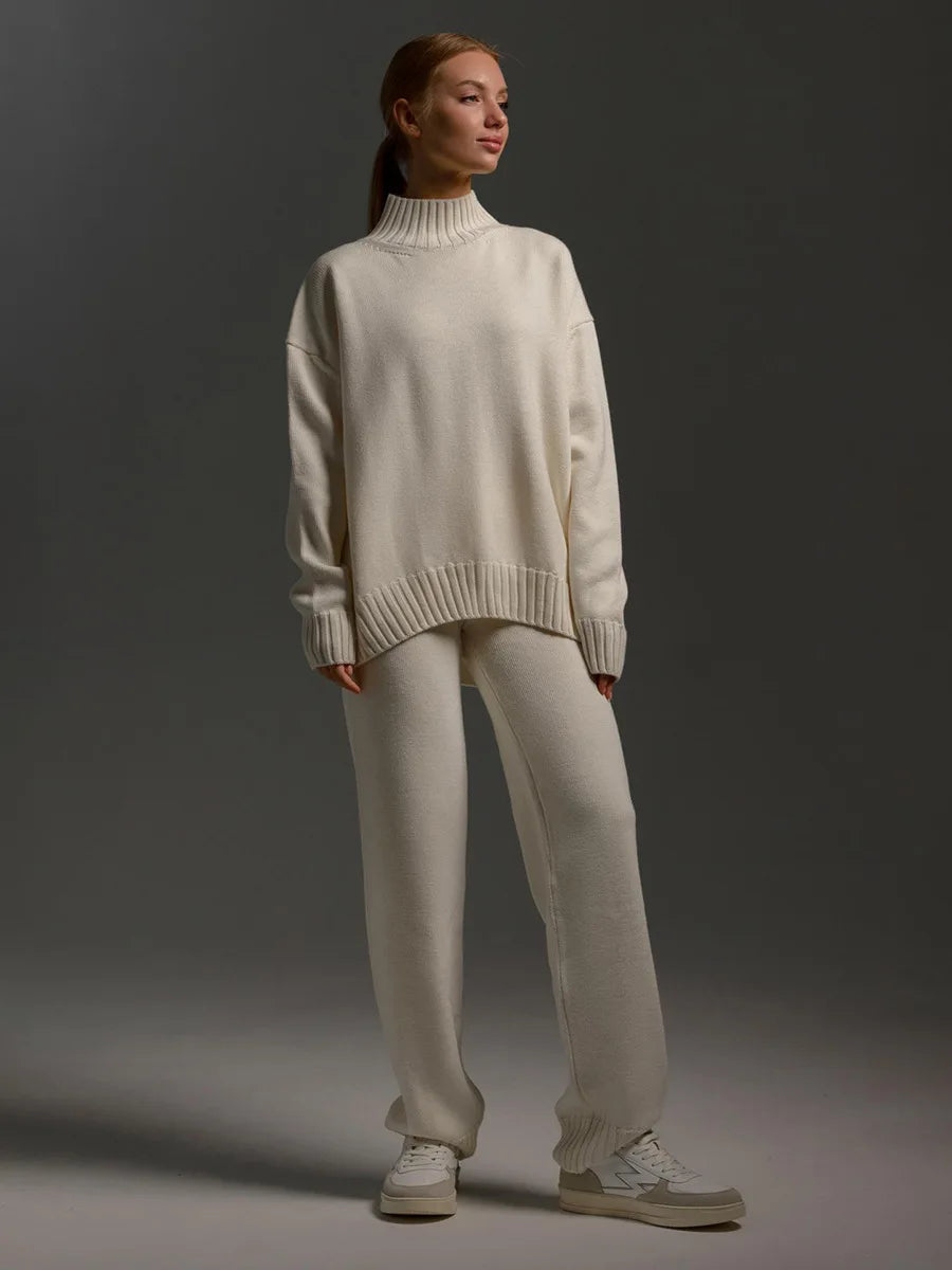 Blubelle Women's Autumn Winter Knit Pullover Sweater Pants Set Mock Neck Loose Fit Soft Cozy Trendy Elastic Waist Fashion Set