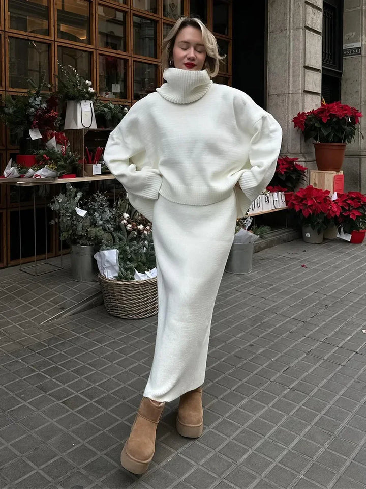 Wolfeel Women's Knitted Turtleneck Sweater Skirt 2- Piece Set  Autumn Winter Loose Solid Color Knit Outfit Casual Warm Suit