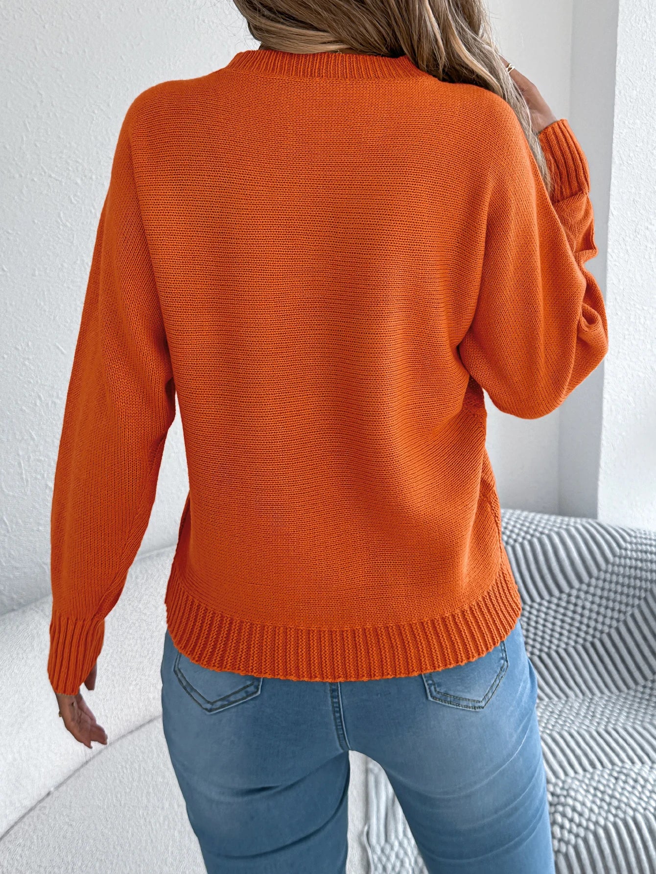 Women's Round Neck Twist Knitted Sweaters 2025 Fall Winter Casual Solid Color Lantern Long Sleeve Pullover Orange Woman Sweater
