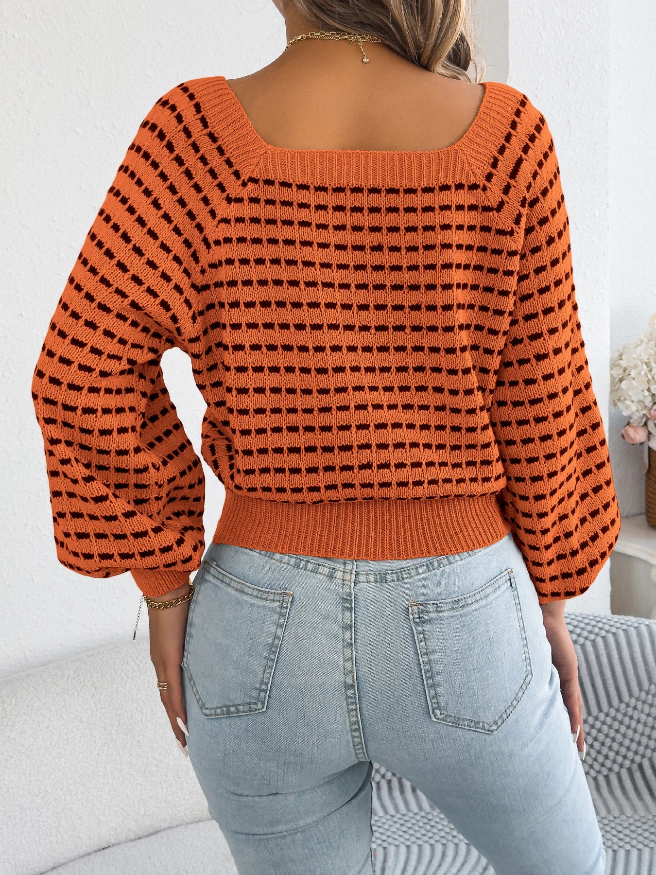 Women's Contrast Color Plaid Striped Sweaters 2025 Autumn Winter Casual Square Neck Lantern Long Sleeve Knitted Tops Orange Red