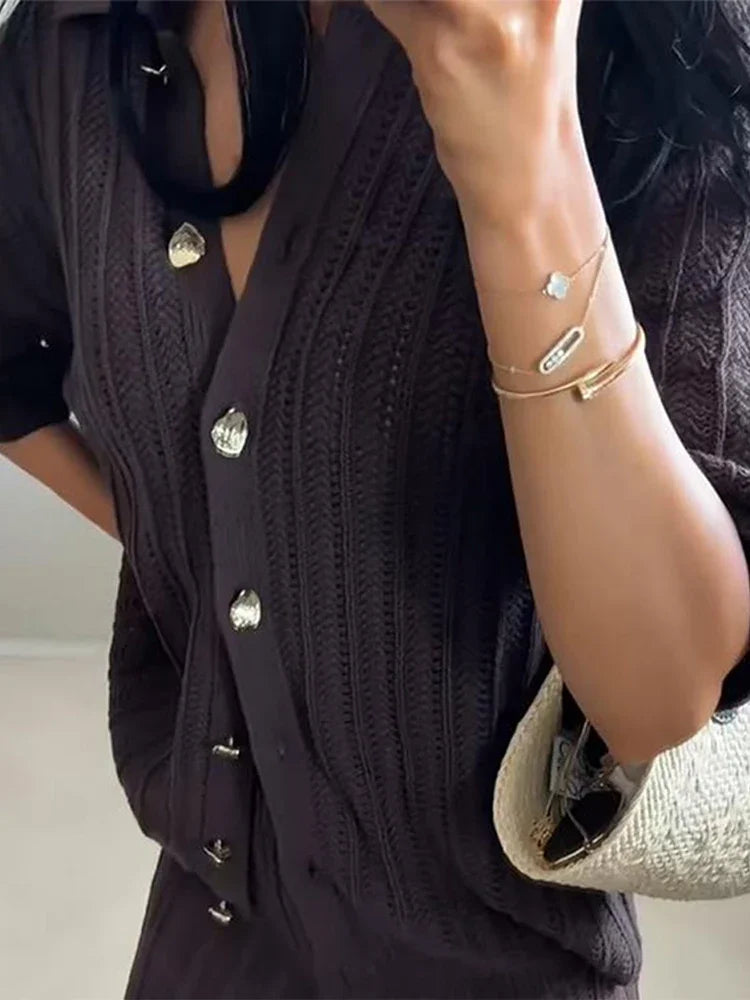 Knitted Pants Set Women Solid Turn Down Collar Half Sleeve Tops Elastic Waist Straight Trousers Spring Chic Lady Outfits