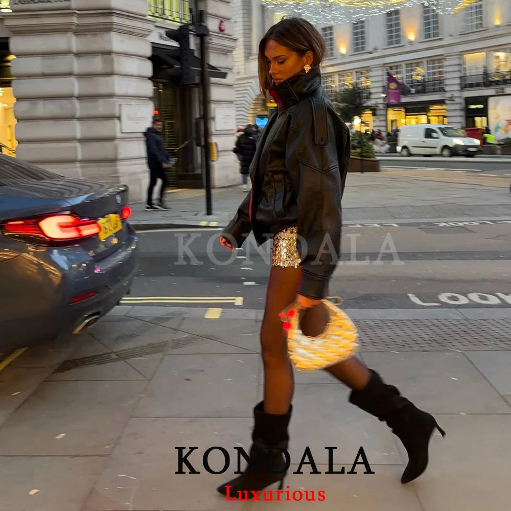 Casual Chic Black Leather Jackets Women Long Sleeve Buttons Elastic Oversized Coats Fashion Fall Street wear Coats