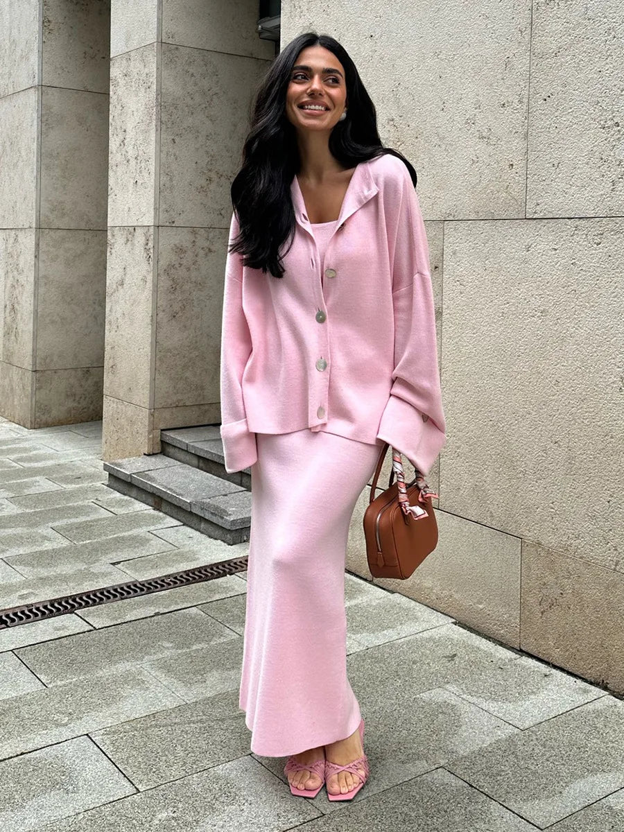 Born ladies Women Knitted Set Soft Long Sleeve Cardigan Chic Camisole Skirt Autumn Winter Sweater Suit