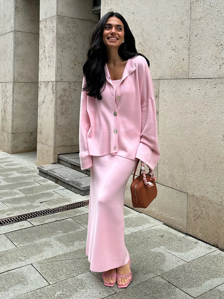 Born ladies Women Knitted Set Soft Long Sleeve Cardigan Chic Camisole Skirt Autumn Winter Sweater Suit