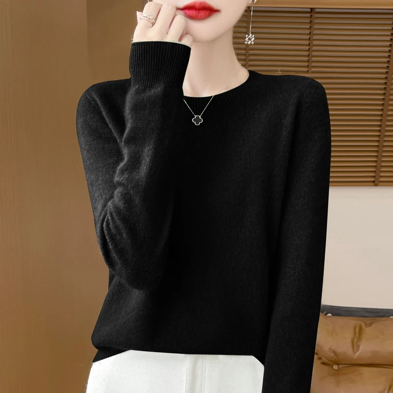 Autumn Winter Women 100% Merino Wool Sweater O-Neck Cashmere Pullover Basic Fashion Clothing Comfort Warm Top Casual Solid