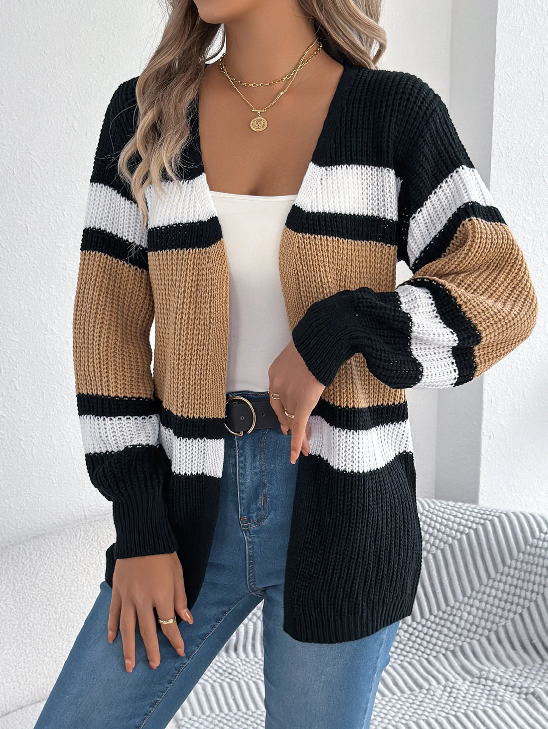 Women's Contrast Color Striped Cardigan Sweaters Autumn Winter Casual Lantern Long Sleeve Knitted Tops Woman Coats