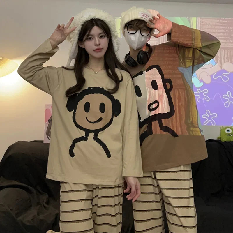 2 Sets of Couple Models Korean Ins Peter Rabbit Couple Pajamas Female Cotton Long-sleeved Men's Striped Two-piece Homewear