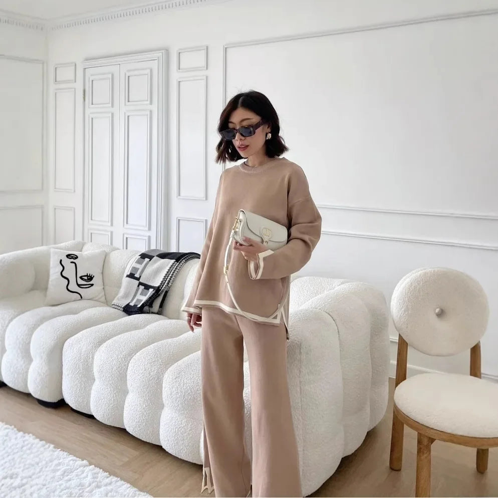 Autumn Collection Elegant Color Blocking Side Slit Long Sleeve Knitted Top High-Waisted Slimming Bell Bottom Trousers Two-P