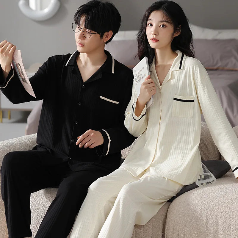 Autumn Couple Pijamas Set For Men Women Cotton Kimono Homewear Man Pjs Female Pijamas Suit Pyjamas Home Clothes Drop Ship