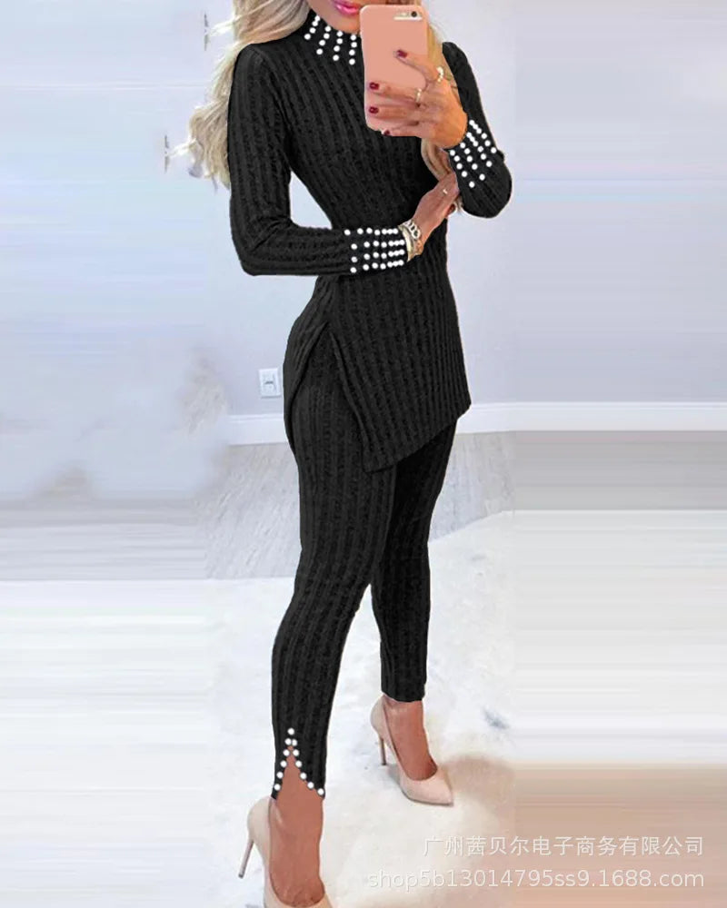 Fall Winter Knitted 2 Piece Suits Women Long Sleeve Ribbed Slit Long Top and High Waist Pencil Pants Set Fashion Outfit